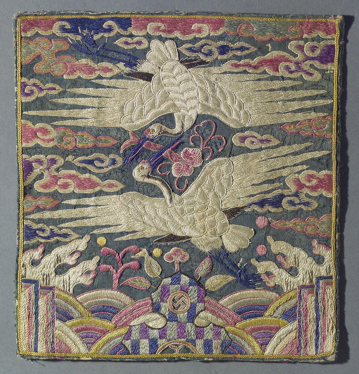 Rank Badge with a Pair of Cranes, Silk embroidery on silk satin damask, Korea 