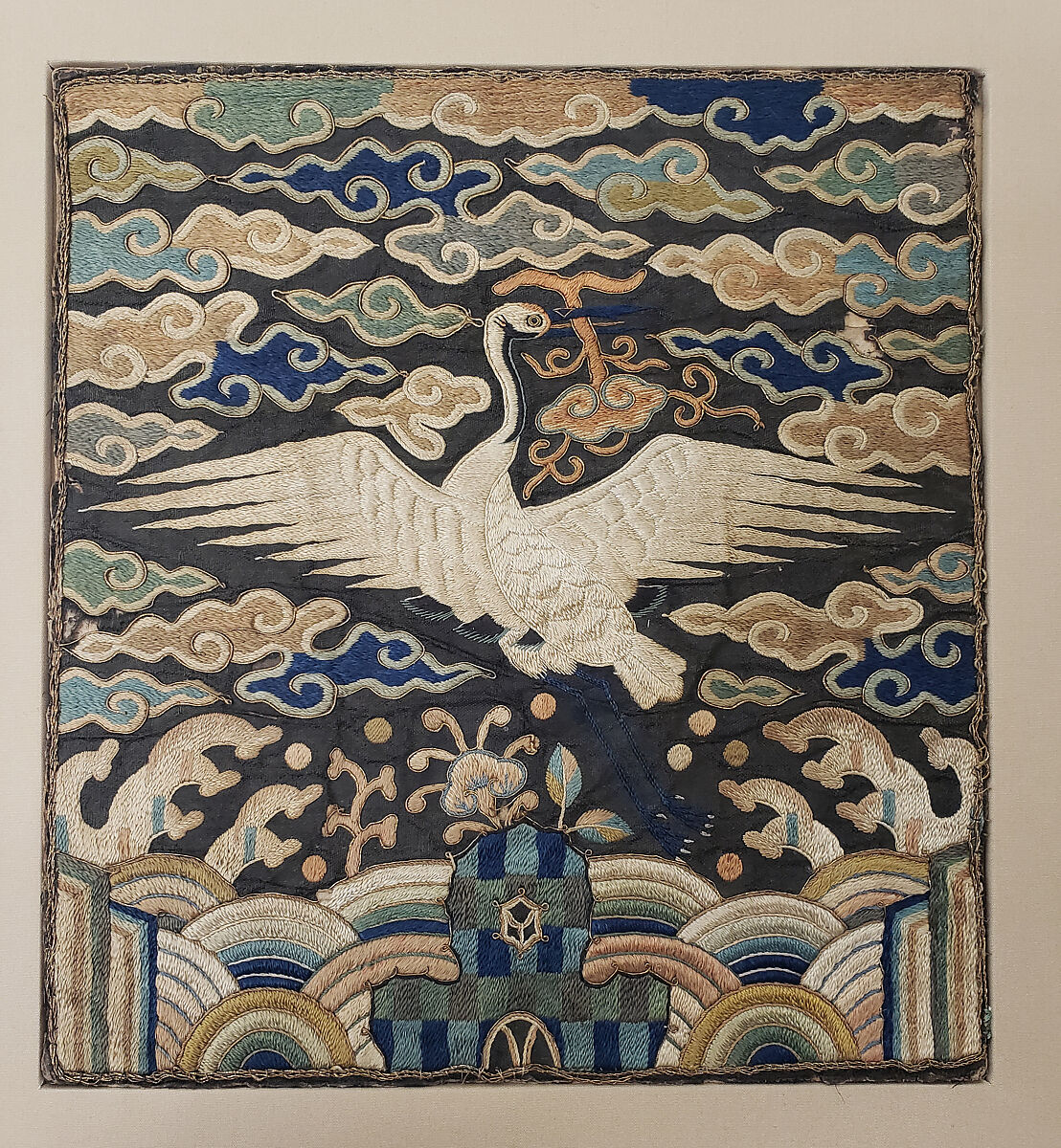 Rank badge with a crane (one of a pair), Silk and metallic-thread embroidery on silk satin damask, Korea 
