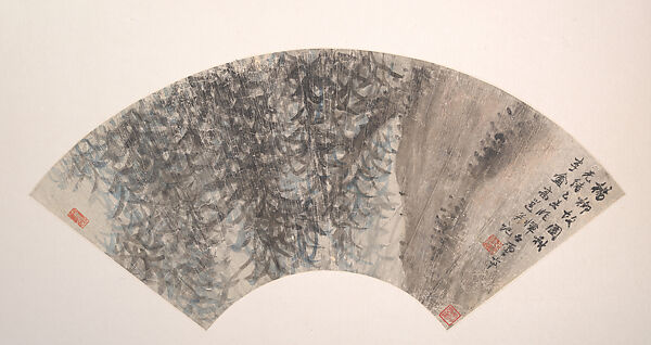 Willow, Gao Yong (Chinese, 1850–1921), Folding fan mounted as an album leaf; ink and color on alum paper, China 