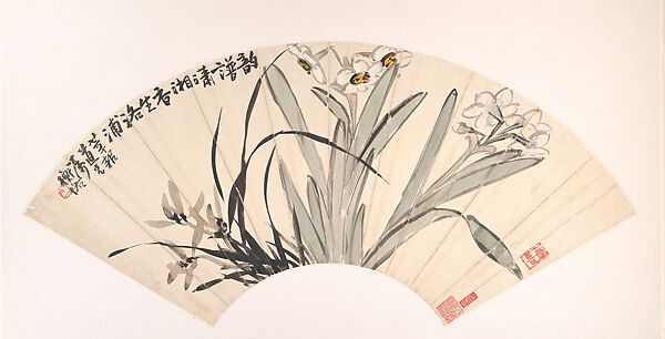 Narcissus and Orchid, Chen Hengke (Chinese, 1876–1923), Folding fan mounted as an album leaf; ink and color on alum paper, China 