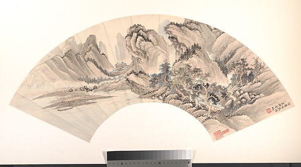 Landscape, Jin Cheng (Chinese, 1878–1926), Folding fan mounted as an album leaf; ink and color on alum paper, China 