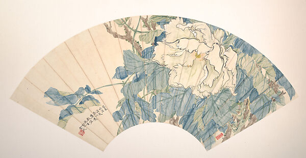 Peony, Jin Cheng (Chinese, 1878–1926), Folding fan mounted as an album leaf; ink and color on alum paper, China 