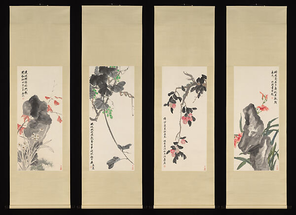 Flowers and Fruits, Jin Cheng (Chinese, 1878–1926), Set of four hanging scrolls, China 