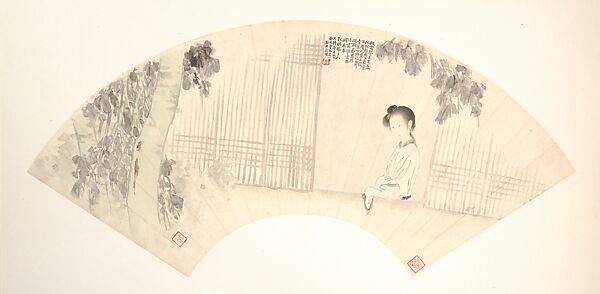 Woman by a window beneath a wutong tree, Yu Ming (Chinese, 1884–1935), Folding fan mounted as an album leaf; ink and color on paper, China 