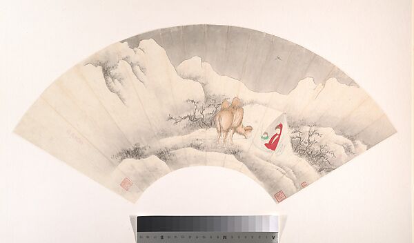 Travel on the Silk Road, Yu Ming (Chinese, 1884–1935), Folding fan mounted as an album leaf; ink and color on alum paper, China 
