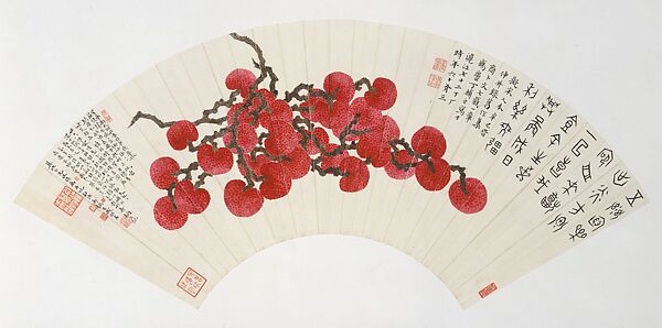 Lychees, Ding Fuzhi (Chinese, 1879–1946), Folding fan mounted as an album leaf; ink and color on alum paper, China 