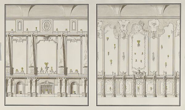 First and Second Installations of Precolumbian Objects at the Metropolitan Museum, Pablo Bronstein (Argentinian, born Buenos Aires, 1977), Ink and gouache on paper 