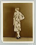 8 x 10 inch black and white photograph of model wearing dress made from Stehli Silks Americana Print collection.