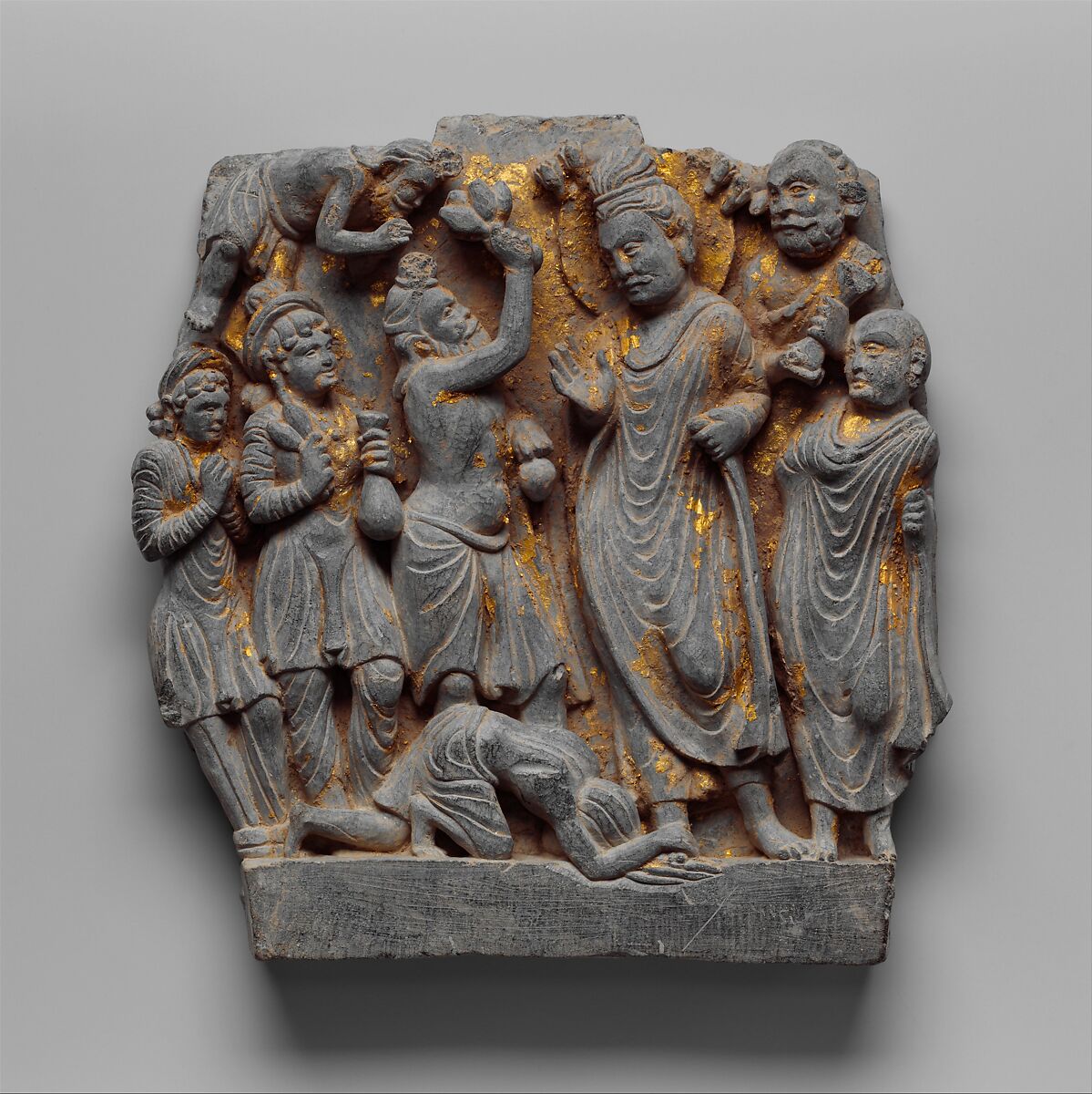 Dipankara Jataka (The Story of the Ascetic Megha and the Buddha Dipankara), Schist with gold leaf, Pakistan (ancient region of Gandhara, Swat Valley) 