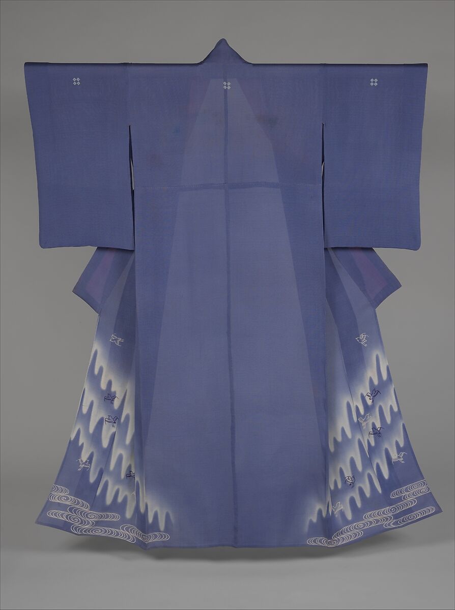 Unlined Summer Kimono (Hito-e) with Plovers in Flight over Stylized Waves, Embroidered and resist-dyed silk gauze (ro), Japan 