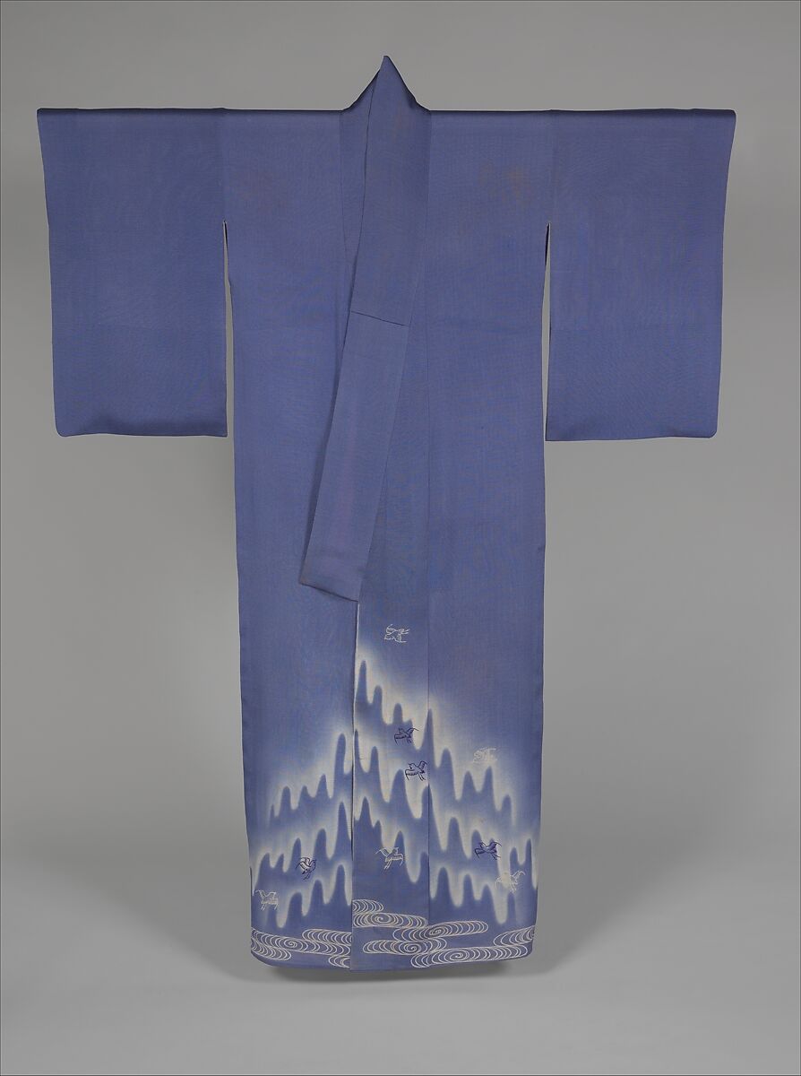 Unlined Summer Kimono (Hito-e) with Plovers in Flight over Stylized Waves, Embroidered and resist-dyed silk gauze (ro), Japan