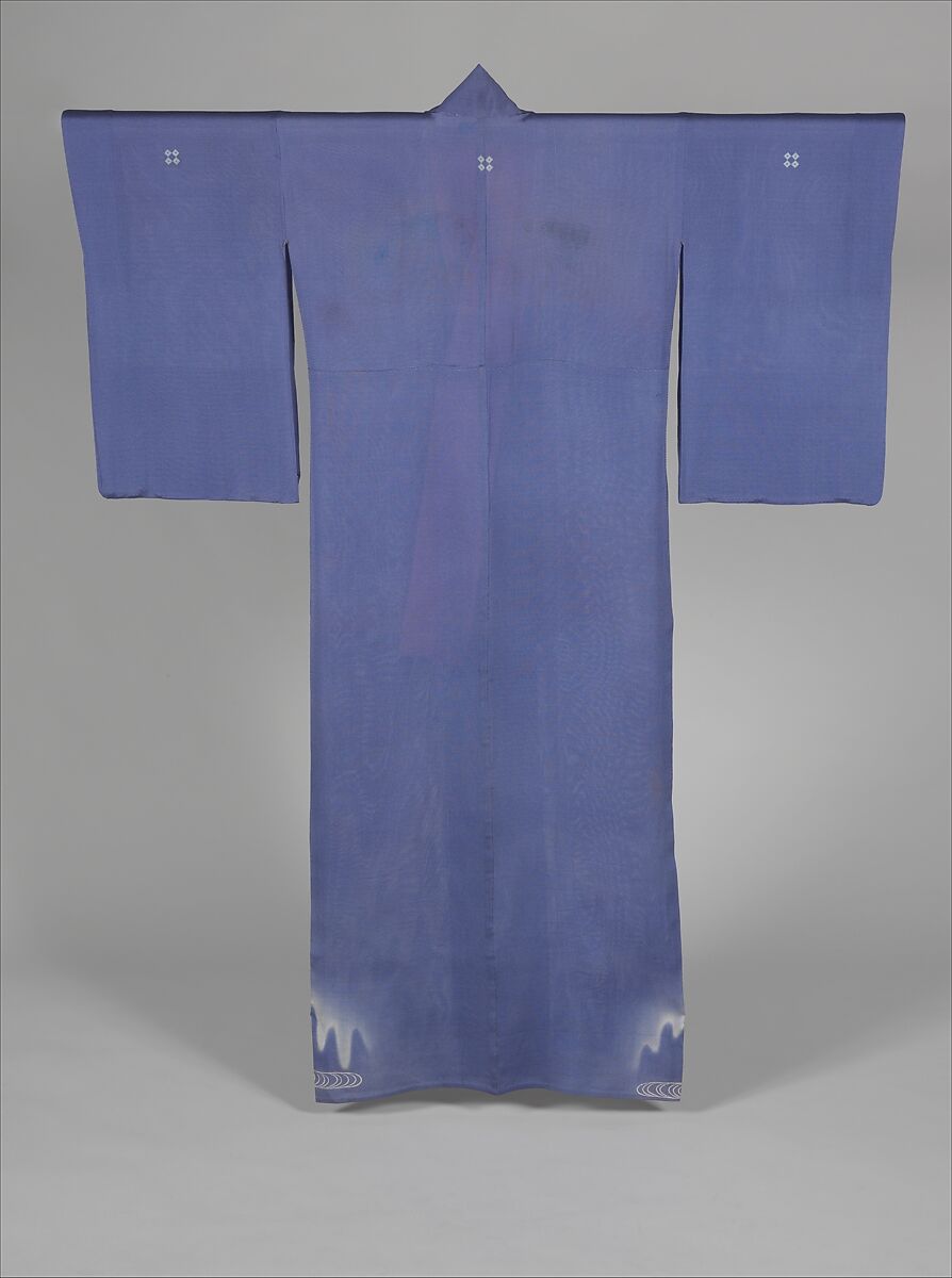 Unlined Summer Kimono (Hito-e) with Plovers in Flight over Stylized Waves, Embroidered and resist-dyed silk gauze (ro), Japan