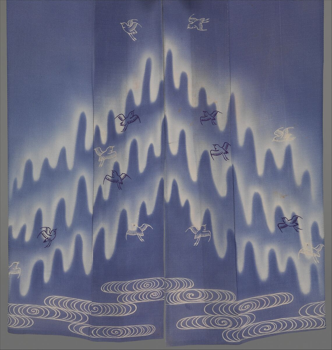 Unlined Summer Kimono (Hito-e) with Plovers in Flight over Stylized Waves, Embroidered and resist-dyed silk gauze (ro), Japan