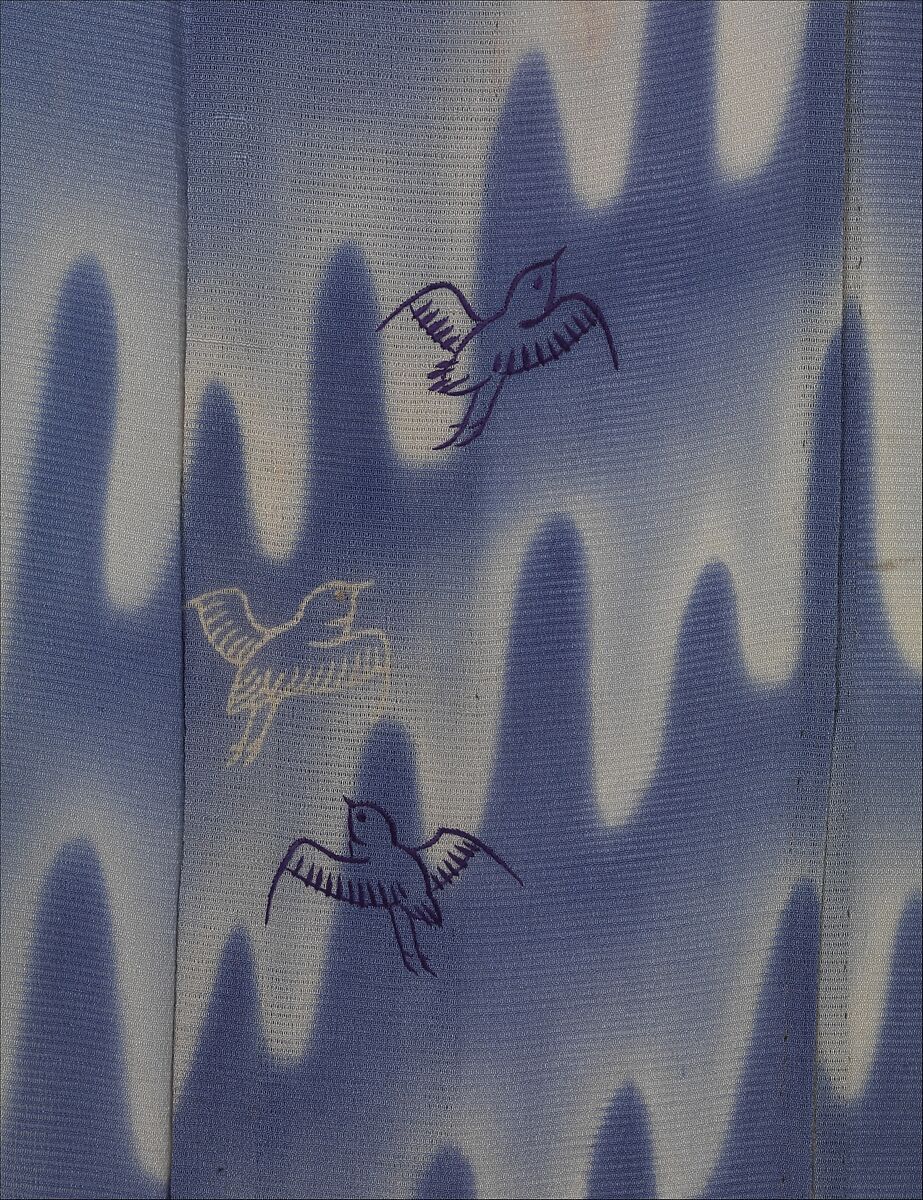 Unlined Summer Kimono (Hito-e) with Plovers in Flight over Stylized Waves, Embroidered and resist-dyed silk gauze (ro), Japan