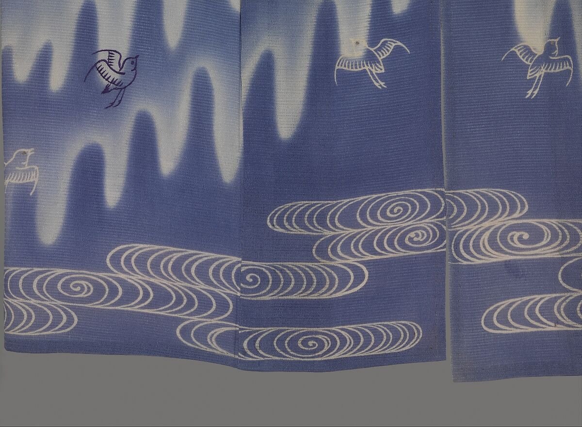 Unlined Summer Kimono (Hito-e) with Plovers in Flight over Stylized Waves, Embroidered and resist-dyed silk gauze (ro), Japan