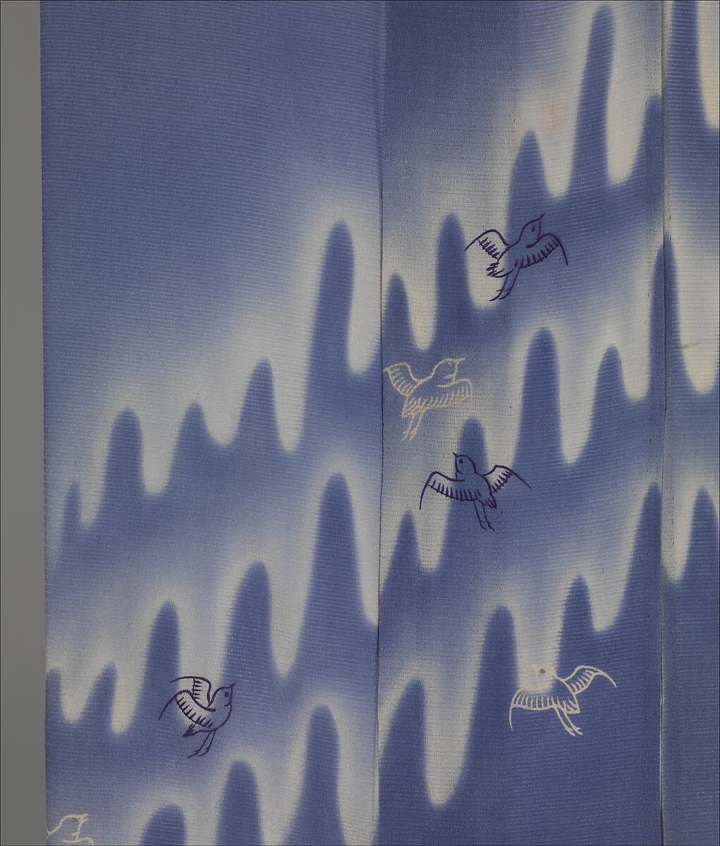 Unlined Summer Kimono (Hito-e) with Plovers in Flight over Stylized Waves, Embroidered and resist-dyed silk gauze (ro), Japan