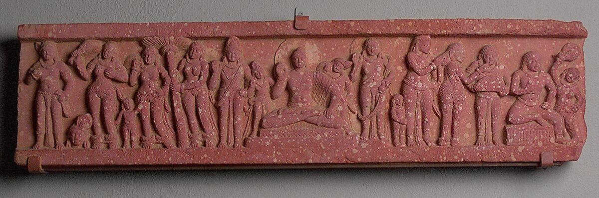 Section from a Frieze with a Seated Buddha and Attendants, Red sandstone, India 