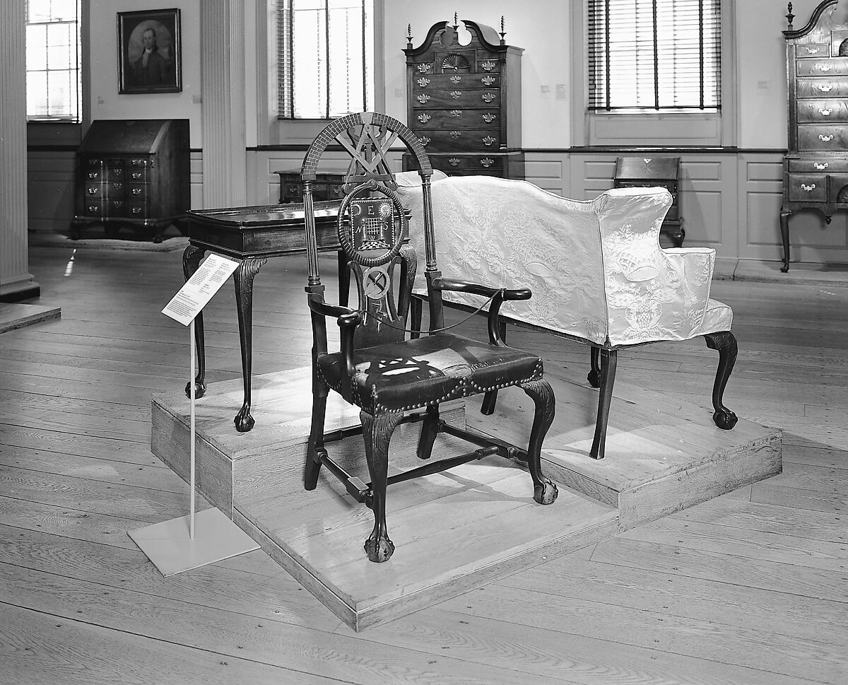 Masonic Armchair, Painted mahogany, maple; horsehair, linen, upholstery foundation (original), American