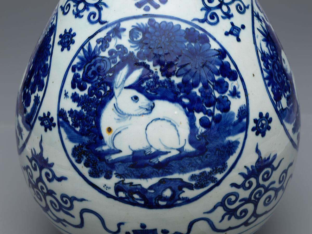 Vase with rabbits, Porcelain painted in underglaze cobalt blue (Jingdezhen ware), China