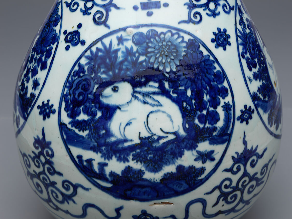 Vase with rabbits, Porcelain painted in underglaze cobalt blue (Jingdezhen ware), China