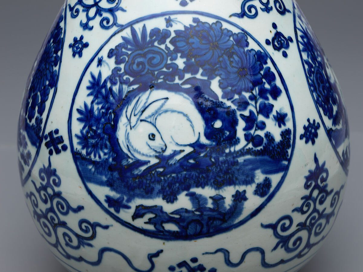 Vase with rabbits, Porcelain painted in underglaze cobalt blue (Jingdezhen ware), China