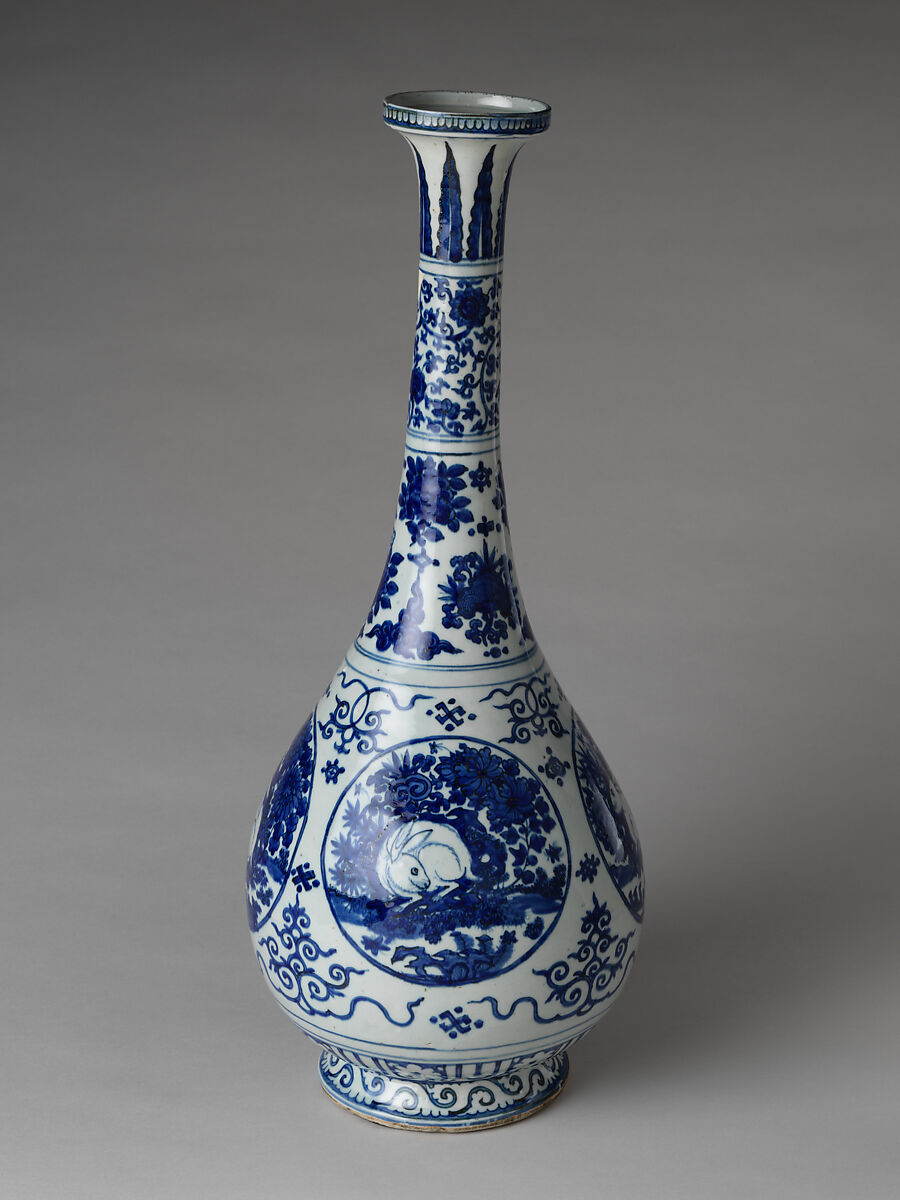 Vase with rabbits, Porcelain painted in underglaze cobalt blue (Jingdezhen ware), China