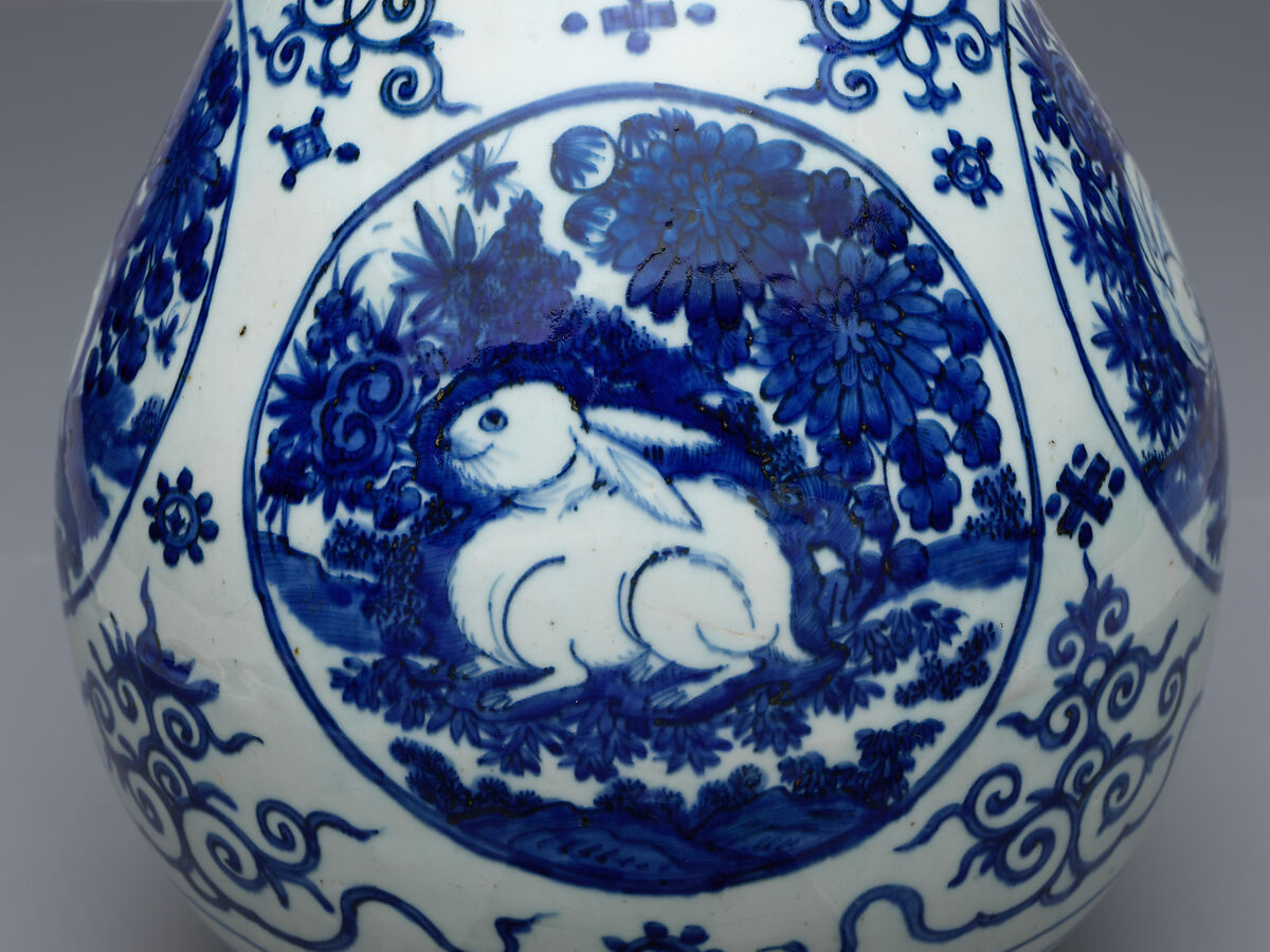 Vase with rabbits, Porcelain painted in underglaze cobalt blue (Jingdezhen ware), China