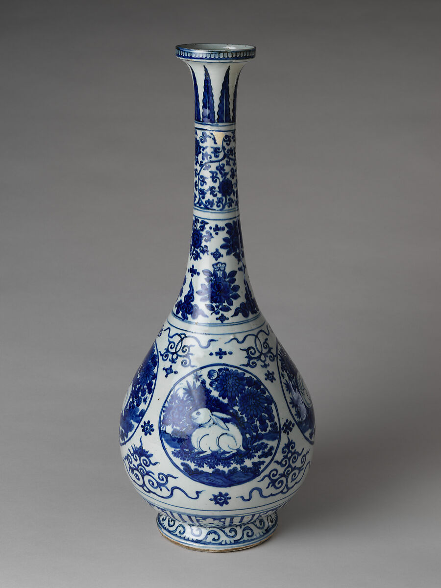 Vase with rabbits, Porcelain painted in underglaze cobalt blue (Jingdezhen ware), China 