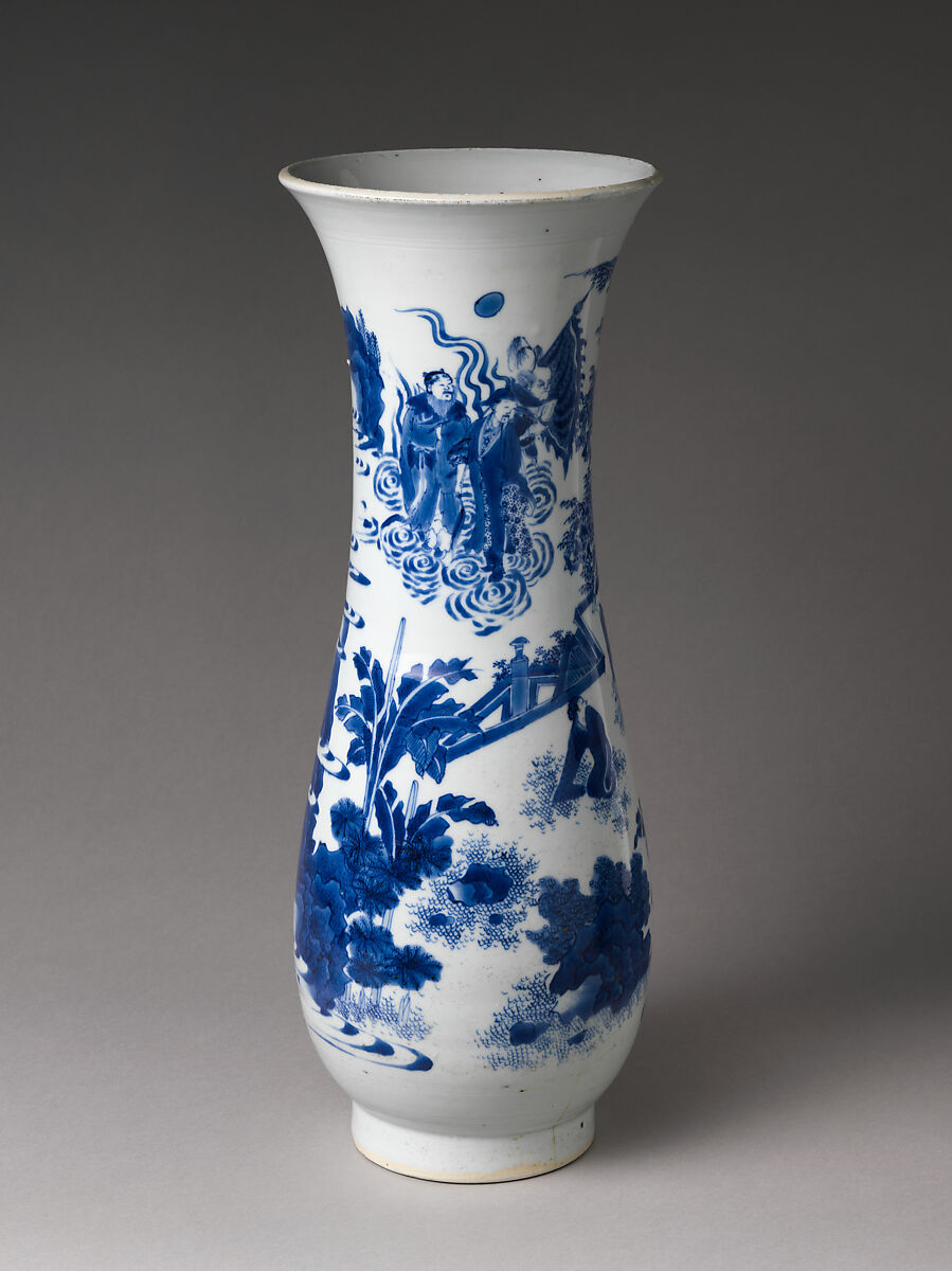 Vase with Figures in Landscape, Porcelain with incised decoration painted in cobalt blue under transparent glaze (Jingdezhen ware), China 