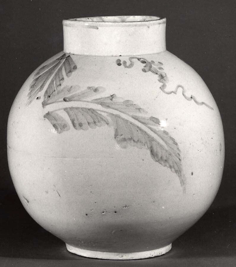 Jar, Porcelain with underglaze cobalt-blue decoration of banana leaves, Korea 