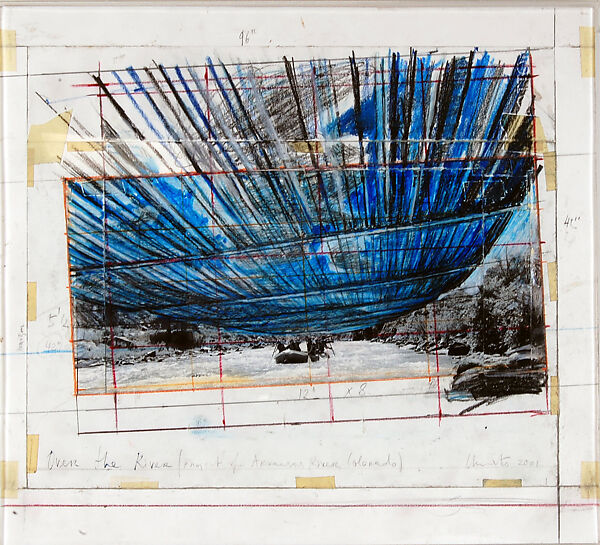 Over the River (Project for Arkansas River, Colorado), Christo (American (born Bulgaria), Gabrovo 1935–2020 New York), Collage of adhered and taped cut paper and printed papers (inkjet prints), wax crayon, acrylic paint, and graphite on paper 