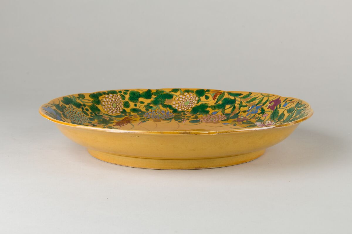 Dish with flowers, Porcelain painted in polychrome enamels over yellow glaze (Jingdezhen ware), China