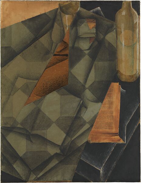 Book and Glass, Juan Gris (Spanish, Madrid 1887–1927 Boulogne-sur-Seine), Conté crayon, charcoal, wax crayon, watercolor, gouache, oil, cut-and-pasted printed and selectively varnished wallpaper, blue and white laid papers, transparentized paper, and printed white wove papers; adhered overall onto a sheet of torn newspaper, adhered to primed canvas; subsequently mounted to a honeycomb panel 