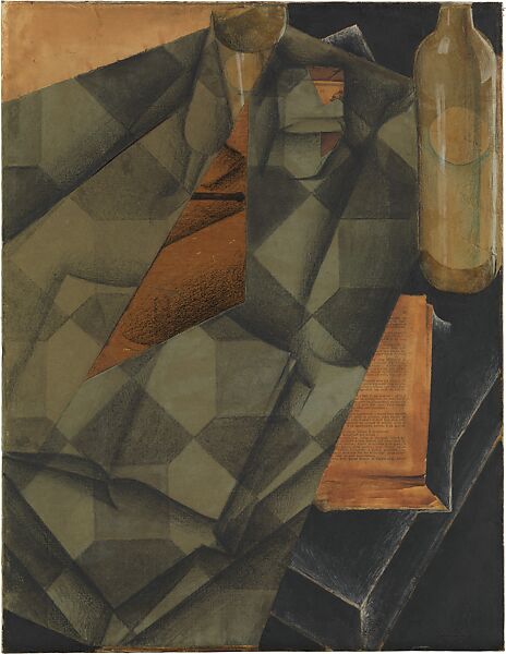 Book and Glass, Juan Gris (Spanish, Madrid 1887–1927 Boulogne-sur-Seine), Collage of cut printed and painted papers, blue paper and tracing paper, with black and blue-green crayon, charcoal and and black oil paint on canvas, mounted to a honeycomb panel 