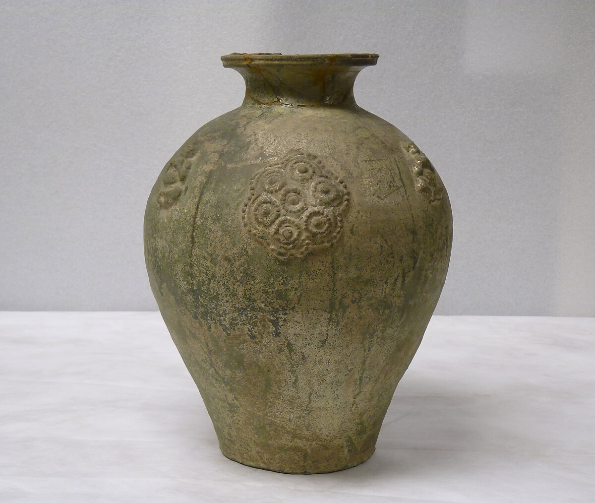 Jar, Earthenware with applied relief decoration under green glaze, China 