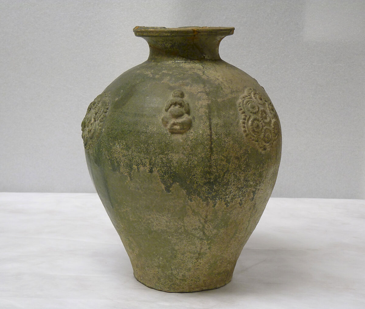 Jar, Earthenware with applied relief decoration under green glaze, China