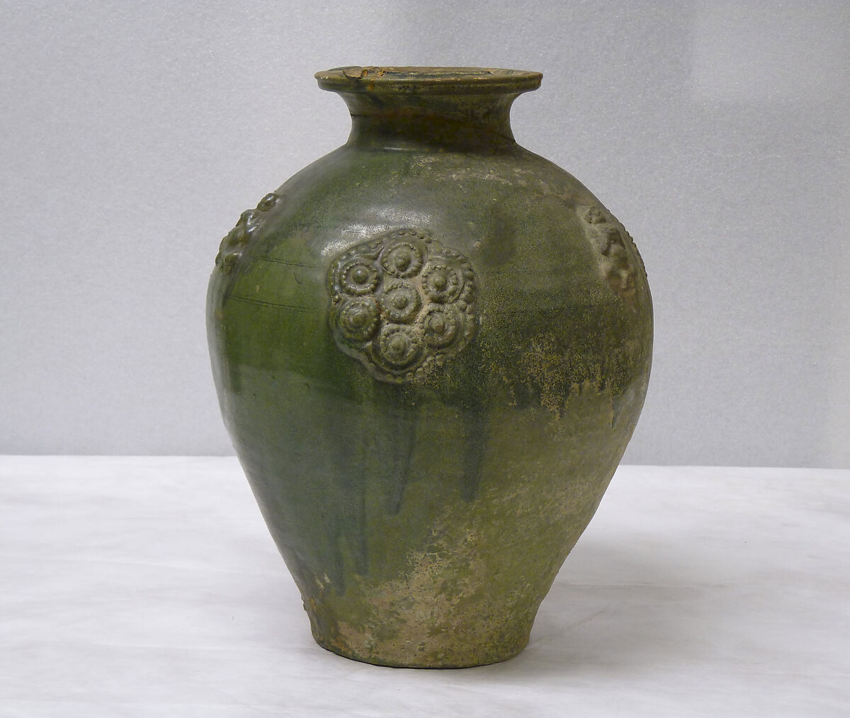 Jar, Earthenware with applied relief decoration under green glaze, China