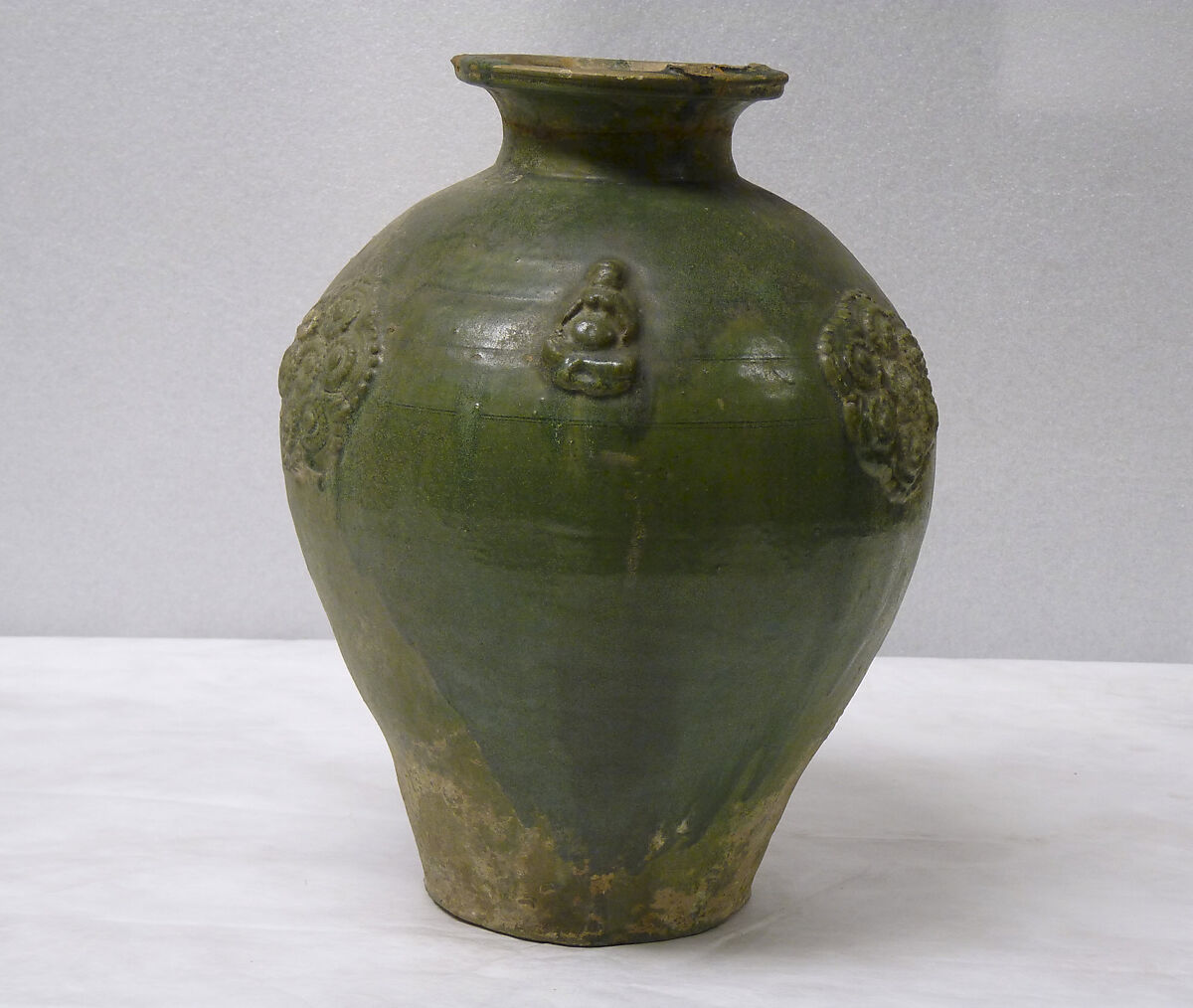 Jar, Earthenware with applied relief decoration under green glaze, China
