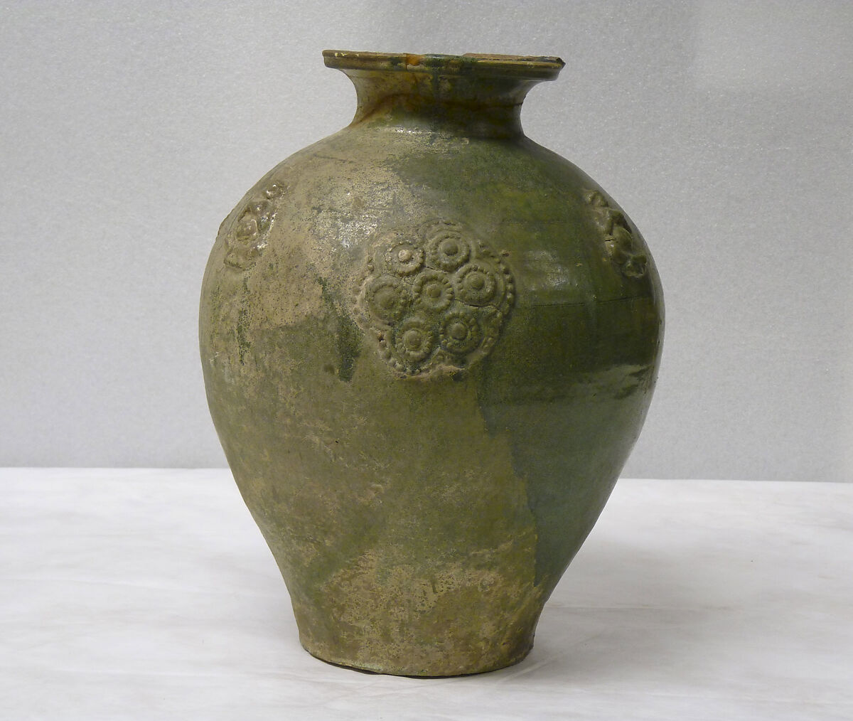 Jar, Earthenware with applied relief decoration under green glaze, China