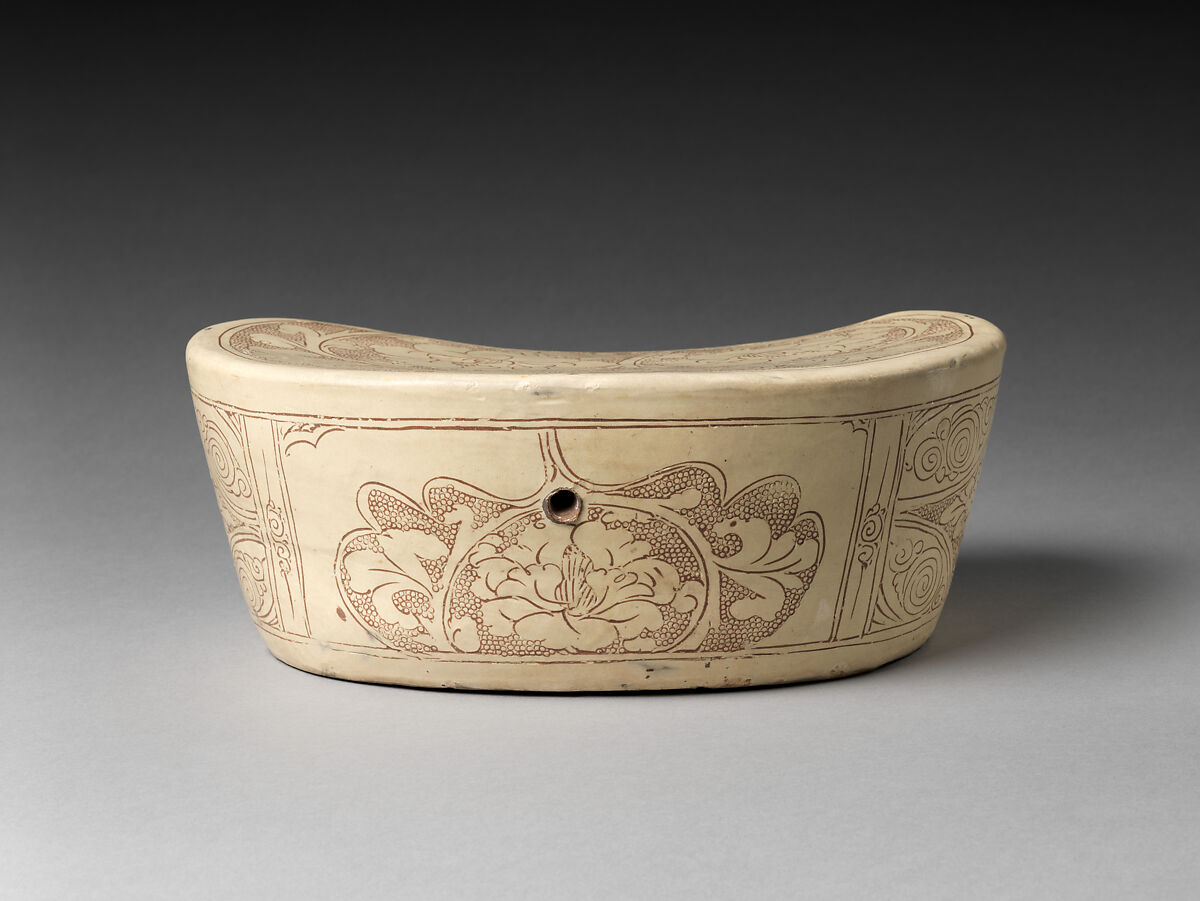 Pillow with Peonies, Stoneware with sgraffito decoration (Cizhou ware), China