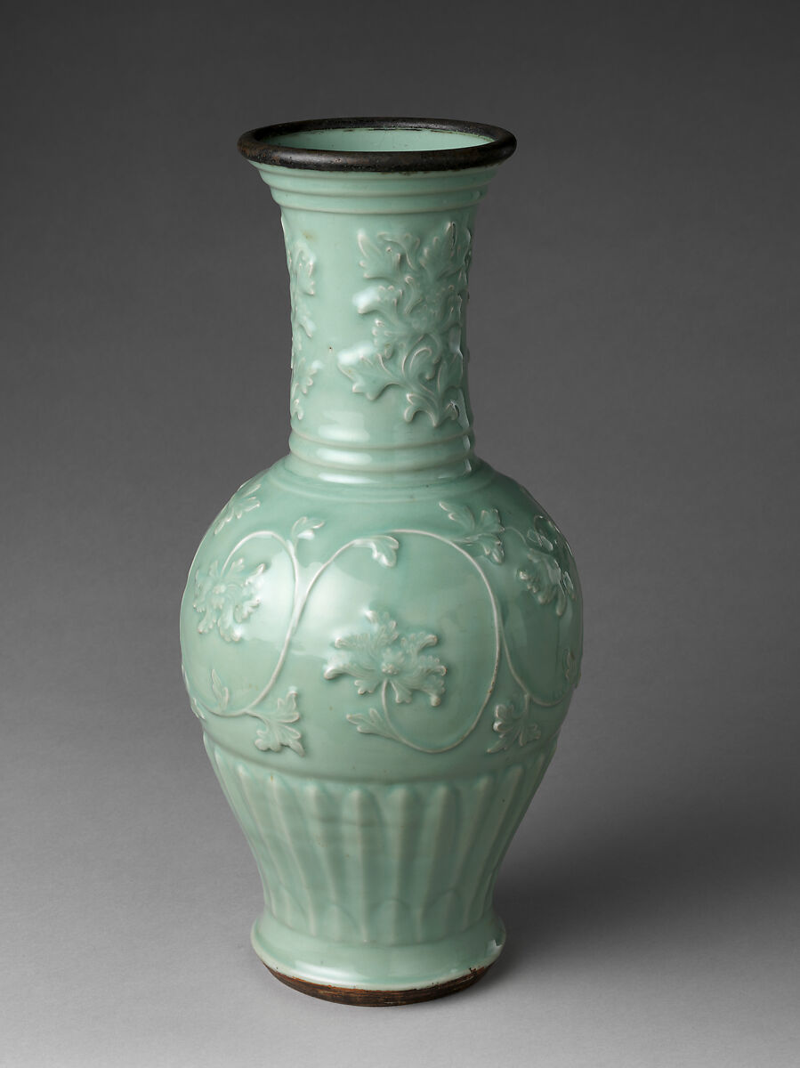 Vase with Peony Scrolls, Porcelain with molded decoration under celadon glaze (Longquan ware), China