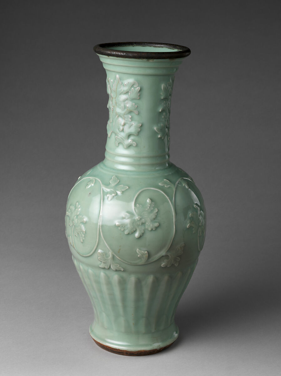 Vase with Peony Scrolls, Porcelain with molded decoration under celadon glaze (Longquan ware), China