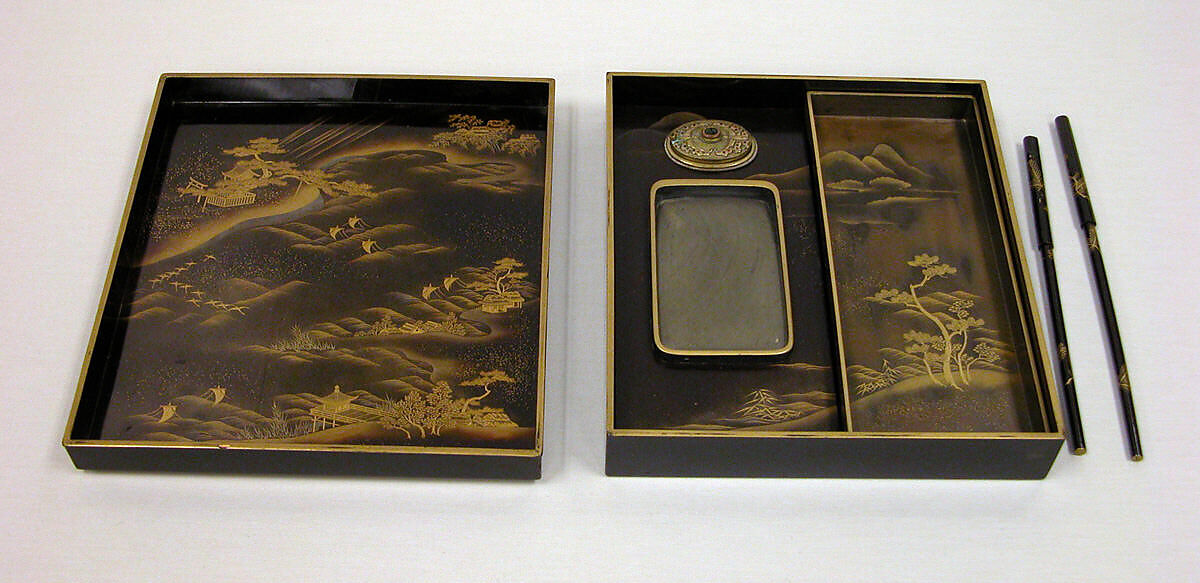 Writing Box (Suzuribako) with Chinese Poet Su Dongpo and Attendant, Lacquered wood with gold, silver, and red togidashimaki-e, Japan