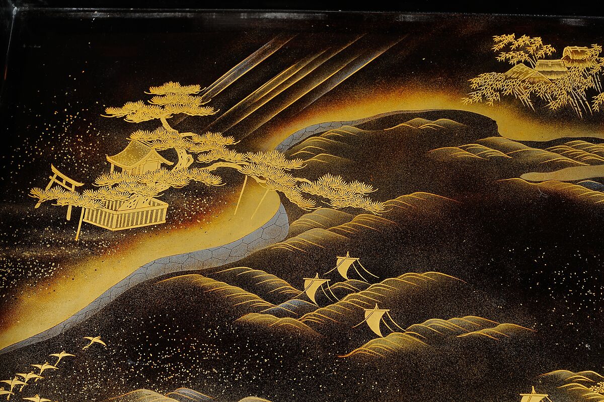 Writing Box (Suzuribako) with Chinese Poet Su Dongpo and Attendant, Lacquered wood with gold, silver, and red togidashimaki-e, Japan