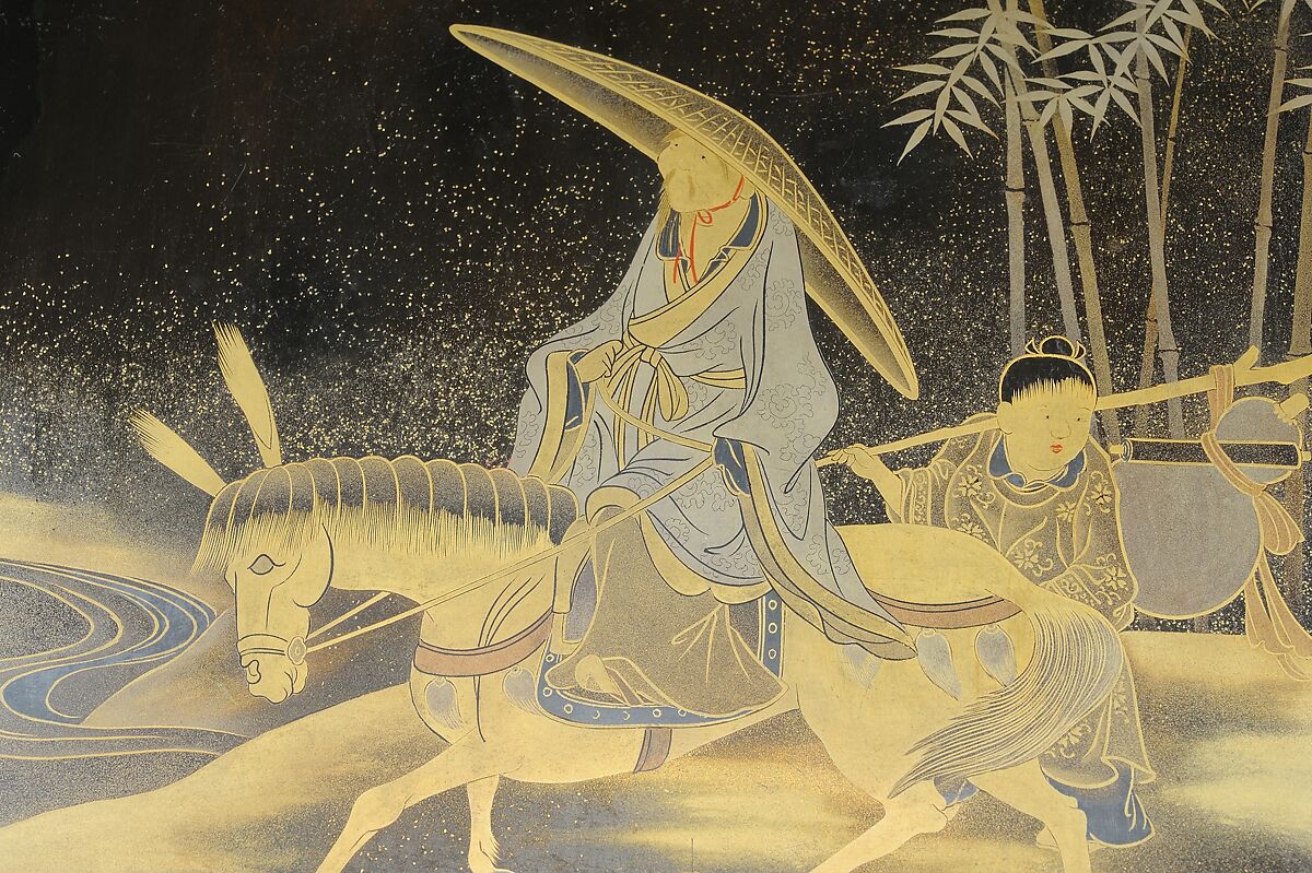 Writing Box (Suzuribako) with Chinese Poet Su Dongpo and Attendant, Lacquered wood with gold, silver, and red togidashimaki-e, Japan