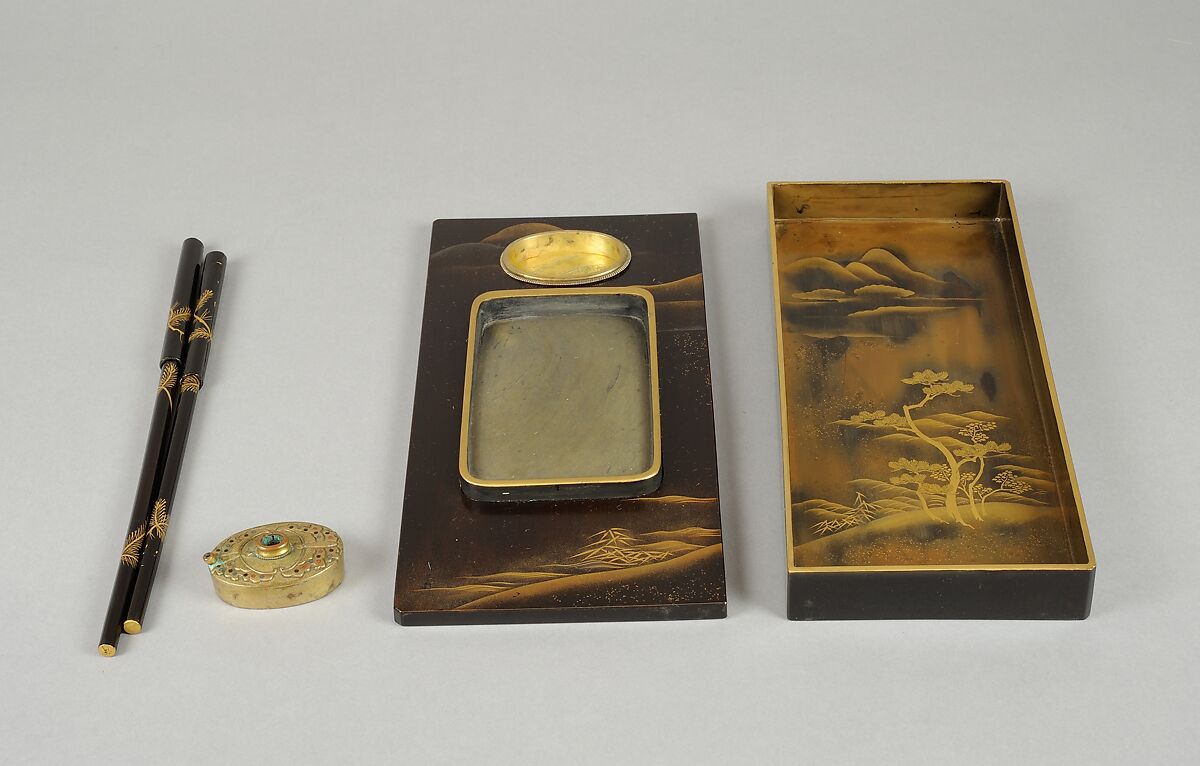 Writing Box (Suzuribako) with Chinese Poet Su Dongpo and Attendant, Lacquered wood with gold, silver, and red togidashimaki-e, Japan