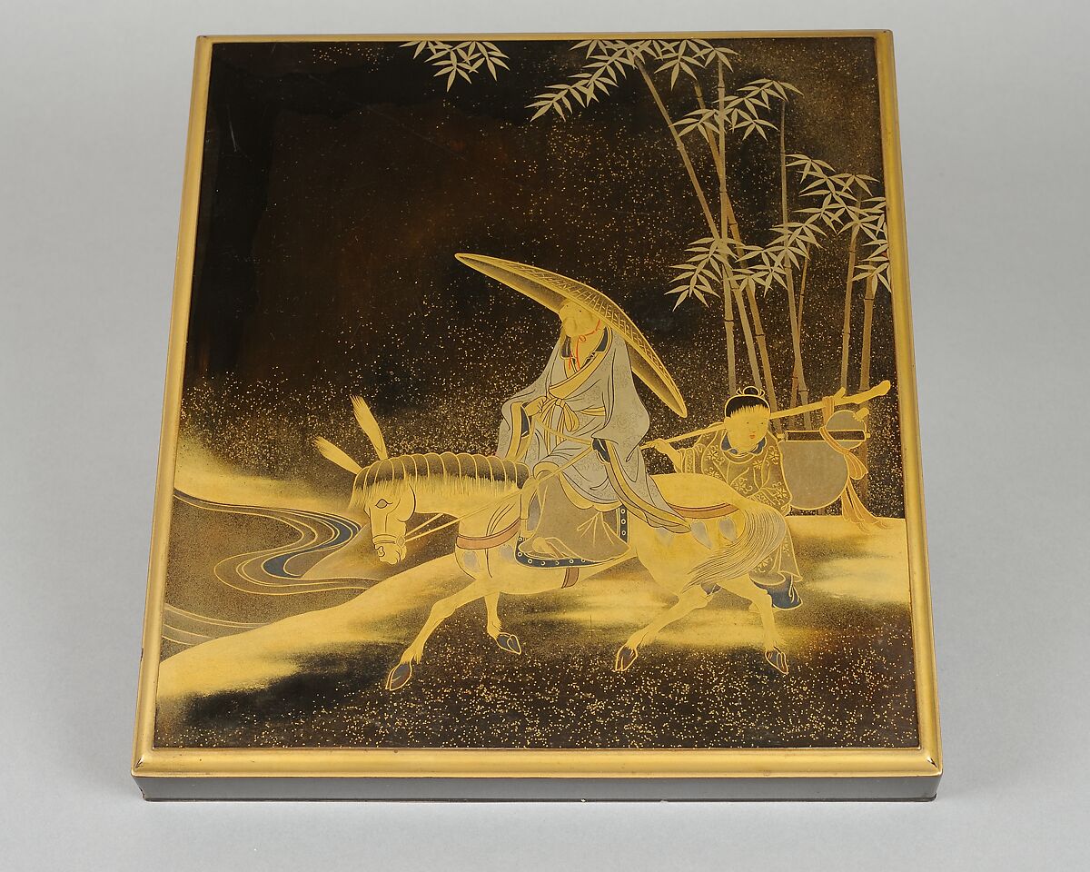 Writing Box (Suzuribako) with Chinese Poet Su Dongpo and Attendant, Lacquered wood with gold, silver, and red togidashimaki-e, Japan