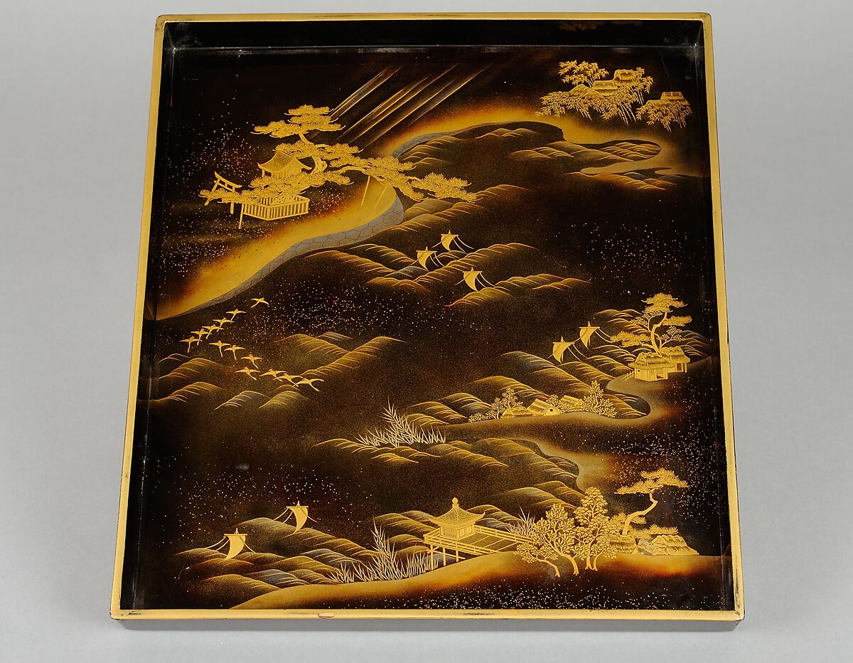 Writing Box (Suzuribako) with Chinese Poet Su Dongpo and Attendant, Lacquered wood with gold, silver, and red togidashimaki-e, Japan