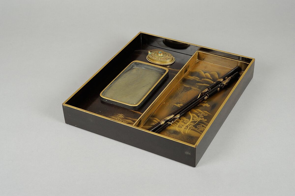 Writing Box (Suzuribako) with Chinese Poet Su Dongpo and Attendant, Lacquered wood with gold, silver, and red togidashimaki-e, Japan