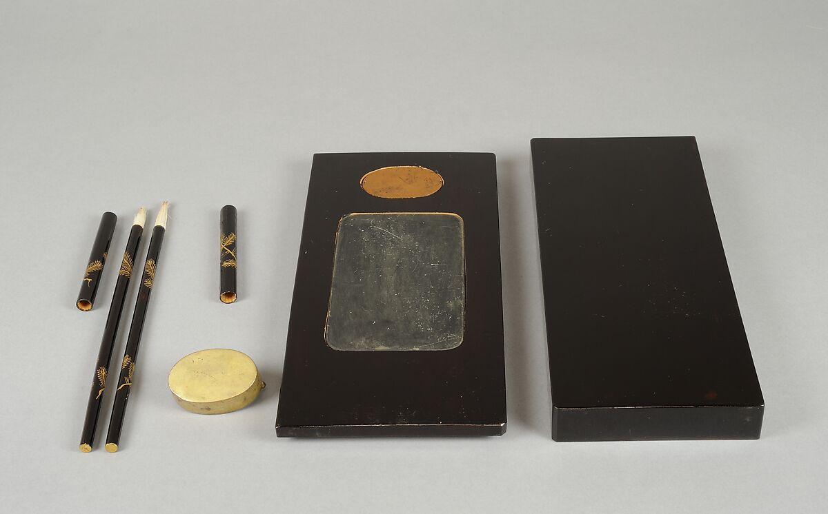 Writing Box (Suzuribako) with Chinese Poet Su Dongpo and Attendant, Lacquered wood with gold, silver, and red togidashimaki-e, Japan